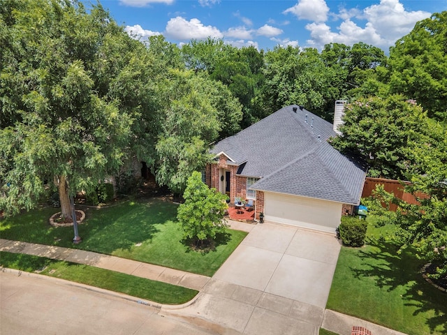5312 Timber Park Dr, Flower Mound, TX 75028 - view of front facade featuring brick siding, a garage, a shingled roof, driveway, and a chimney