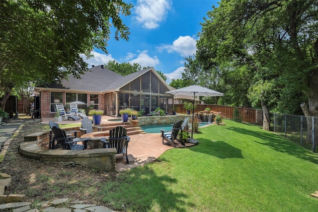 5312 Timber Park Dr, Flower Mound, TX 75028 - view of yard with a sunroom, a patio area, and an outdoor fire pit