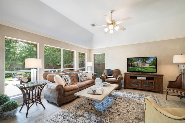 5312 Timber Park Dr, Flower Mound, TX 75028 - tiled living room featuring a ceiling fan and lofted ceiling