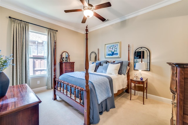 7617 Windsor, The Colony, TX 75056 - bedroom with baseboards, ornamental molding, light colored carpet, and ceiling fan