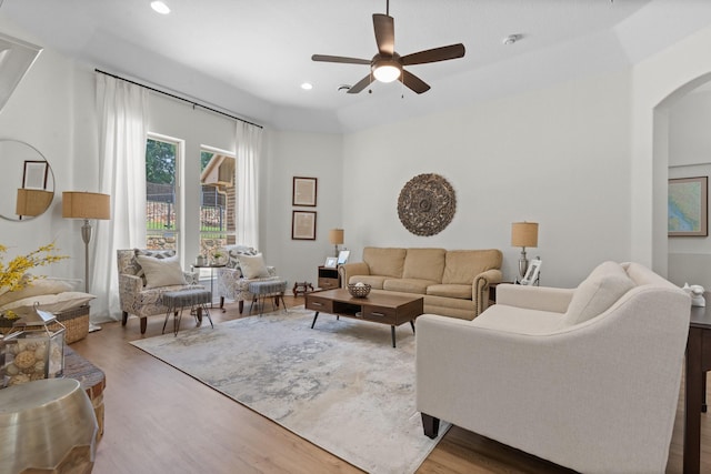8228 Shady Valley Dr, Benbrook, TX 76116 - living area with arched walkways, ceiling fan, wood finished floors, and recessed lighting