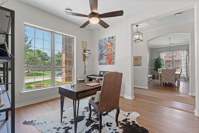 8228 Shady Valley Dr, Benbrook, TX 76116 - office space featuring a chandelier, wood finished floors, a ceiling fan, baseboards, and ornamental molding