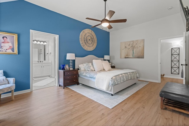8228 Shady Valley Dr, Benbrook, TX 76116 - bedroom featuring wood finished floors, baseboards, lofted ceiling, connected bathroom, and ceiling fan