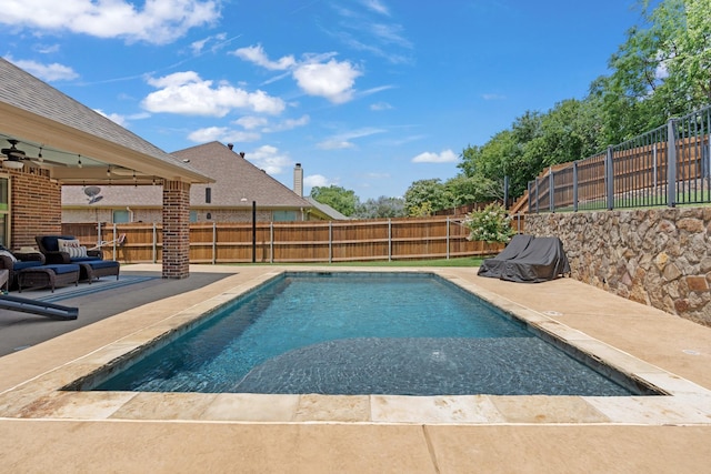 8228 Shady Valley Dr, Benbrook, TX 76116 - view of swimming pool with a patio, a fenced backyard, and a ceiling fan