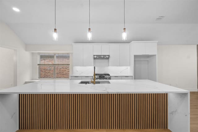 5809 Hidden Pine Ln, Mckinney, TX 75070 - kitchen featuring modern cabinets, white cabinetry, light wood-style floors, under cabinet range hood, and pendant lighting
