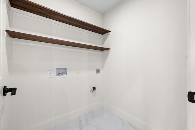 5809 Hidden Pine Ln, Mckinney, TX 75070 - washroom with hookup for an electric dryer, washer hookup, baseboards, light marble finish floors, and gas dryer hookup
