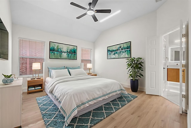 5809 Hidden Pine Ln, Mckinney, TX 75070 - bedroom featuring lofted ceiling, light wood-style floors, baseboards, and a ceiling fan