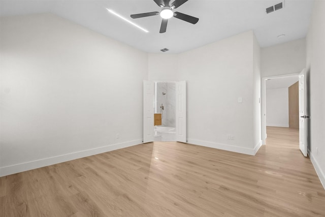 5809 Hidden Pine Ln, Mckinney, TX 75070 - unfurnished bedroom with light wood-style flooring, baseboards, lofted ceiling, and ceiling fan