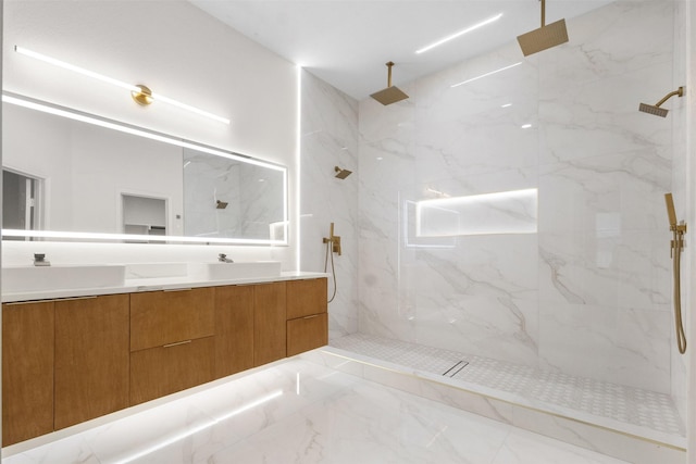 5809 Hidden Pine Ln, Mckinney, TX 75070 - bathroom with double vanity, a marble finish shower, and marble finish flooring