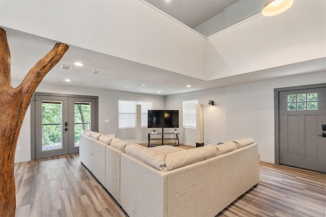 1327 Whispering Springs Dr, Tool, TX 75143 - living room featuring light wood-style floors, french doors, plenty of natural light, and recessed lighting