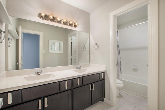 2151 Slow Stream Dr, Royse City, TX 75189 - full bathroom with toilet, double vanity, shower / bathtub combination with curtain, and tile patterned flooring