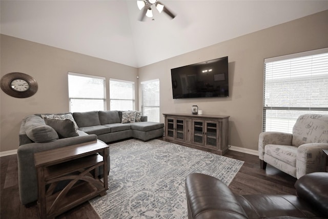 606 Brandt St, Grandview, TX 76050 - living area with baseboards, a ceiling fan, plenty of natural light, wood finished floors, and high vaulted ceiling