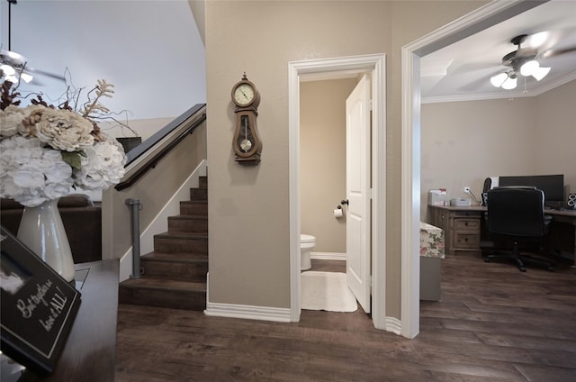 606 Brandt St, Grandview, TX 76050 - stairway with ornamental molding, wood finished floors, ceiling fan, and baseboards