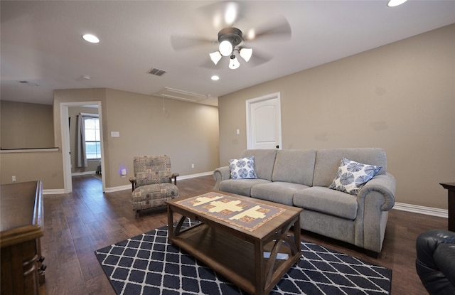 606 Brandt St, Grandview, TX 76050 - living area featuring attic access, ceiling fan, wood finished floors, baseboards, and recessed lighting
