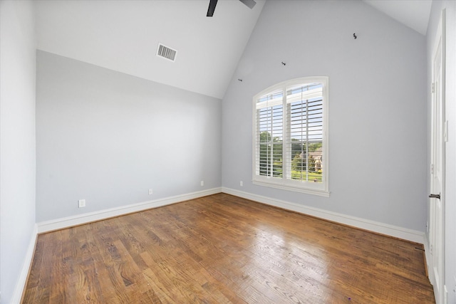 1229 Manchester Dr, Mclendon Chisholm, TX 75032 - unfurnished room featuring ceiling fan, wood finished floors, baseboards, and high vaulted ceiling