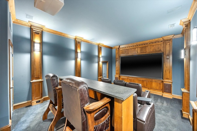 1229 Manchester Dr, Mclendon Chisholm, TX 75032 - cinema with dark carpet, baseboards, and decorative columns