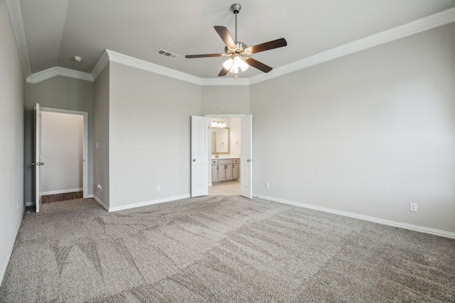 13609 Summer Moon Trl, Ponder, TX 76259 - unfurnished bedroom with baseboards, light colored carpet, crown molding, vaulted ceiling, and ensuite bath