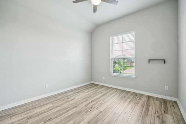 13609 Summer Moon Trl, Ponder, TX 76259 - spare room featuring light wood-style floors, ceiling fan, baseboards, and lofted ceiling