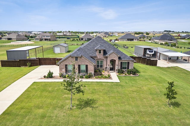 13609 Summer Moon Trl, Ponder, TX 76259 - french country home featuring brick siding, a residential view, driveway, and a shingled roof