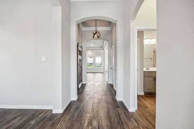 13609 Summer Moon Trl, Ponder, TX 76259 - hall featuring crown molding, dark wood-style flooring, baseboards, and arched walkways