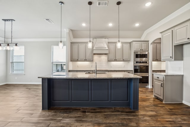 13609 Summer Moon Trl, Ponder, TX 76259 - kitchen with a sink, appliances with stainless steel finishes, premium range hood, crown molding, and backsplash