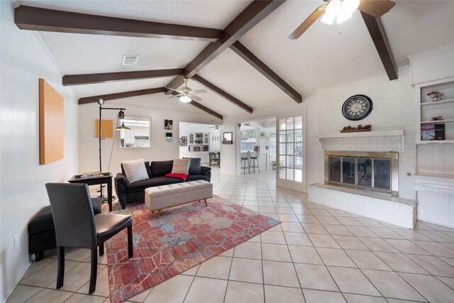 1715 Venetian Cir, Arlington, TX 76013 - living room with a ceiling fan, light tile patterned floors, and a brick fireplace