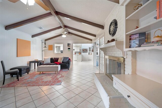 1715 Venetian Cir, Arlington, TX 76013 - living room featuring ceiling fan, light tile patterned floors, and a brick fireplace