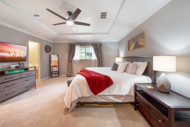 1715 Venetian Cir, Arlington, TX 76013 - bedroom with light carpet, ceiling fan, ornamental molding, and a tray ceiling
