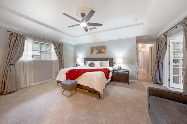 1715 Venetian Cir, Arlington, TX 76013 - bedroom with a tray ceiling, light colored carpet, baseboards, crown molding, and a ceiling fan