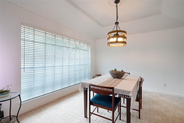 1715 Venetian Cir, Arlington, TX 76013 - dining room with carpet floors, baseboards, a tray ceiling, and ornamental molding