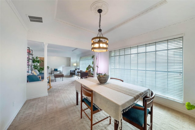1715 Venetian Cir, Arlington, TX 76013 - dining area featuring light carpet, baseboards, and a tray ceiling