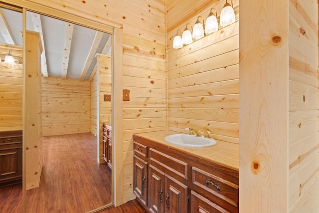 791 Cedar Oak Dr, Pottsboro, TX 75076 - bathroom with wood walls, vanity, and wood finished floors
