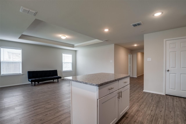 1609 Silas Dr, Forney, TX 75126 - kitchen featuring a raised ceiling, a kitchen island, open floor plan, wood finished floors, and recessed lighting