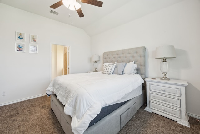 152 Whitetail Way, Caddo Mills, TX 75135 - bedroom featuring dark carpet, lofted ceiling, baseboards, and ceiling fan