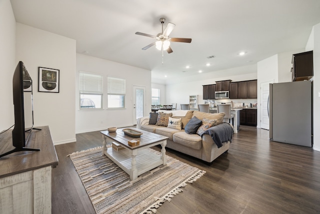 152 Whitetail Way, Caddo Mills, TX 75135 - living area featuring ceiling fan, dark wood-style floors, baseboards, and recessed lighting