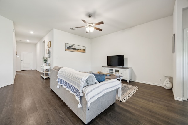 152 Whitetail Way, Caddo Mills, TX 75135 - living room with dark wood-type flooring, ceiling fan, baseboards, and recessed lighting