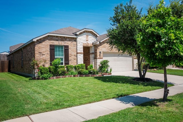 2225 Bernese Ln, Fort Worth, TX 76131 - view of front of home featuring driveway, a front yard, a garage, stone siding, and brick siding