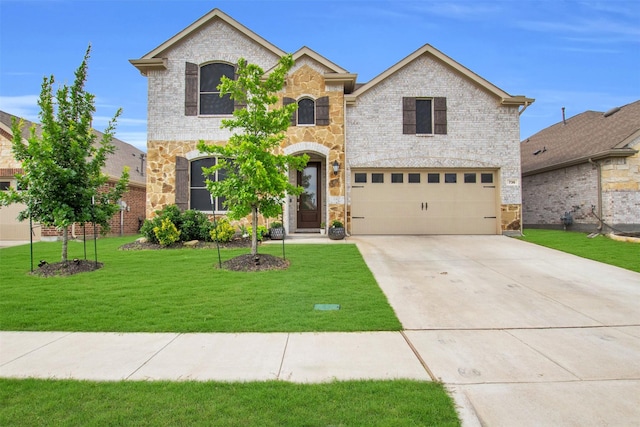 736 Pistachio Pkwy, Forney, TX 75126 - french country style house featuring stone siding, an attached garage, driveway, a front yard, and brick siding
