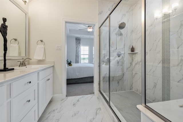 2233 Fort Bliss, Mesquite, TX 75149 - ensuite bathroom featuring marble finish flooring, vanity, and a marble finish shower