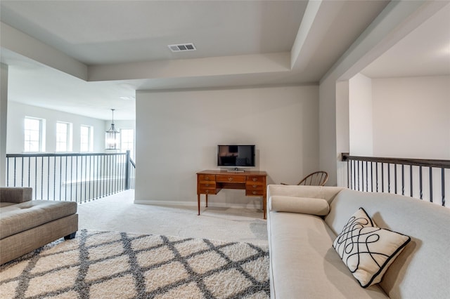 1502 Wild Indigo Dr, Mansfield, TX 76063 - living room featuring carpet, a chandelier, and baseboards