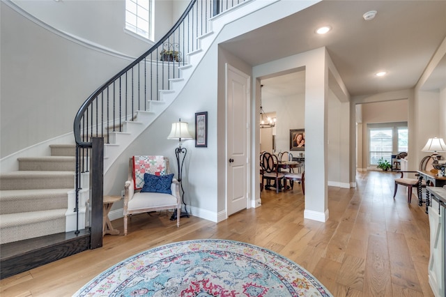 1502 Wild Indigo Dr, Mansfield, TX 76063 - entryway featuring stairs, a chandelier, light wood-style floors, baseboards, and recessed lighting