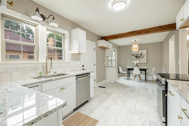 1225 Sayles Blvd, Abilene, TX 79605 - kitchen with stainless steel appliances, a sink, light marble finish flooring, decorative backsplash, and beamed ceiling
