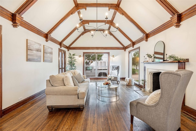1225 Sayles Blvd, Abilene, TX 79605 - living room with a chandelier, wood finished floors, baseboards, a fireplace with flush hearth, and high vaulted ceiling