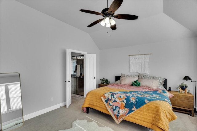 1621 Whispering Trail Dr, Waxahachie, TX 75165 - bedroom featuring carpet floors, vaulted ceiling, baseboards, connected bathroom, and ceiling fan