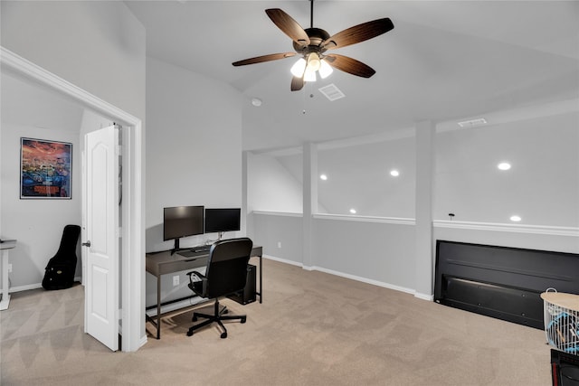 1621 Whispering Trail Dr, Waxahachie, TX 75165 - office with carpet floors, a ceiling fan, lofted ceiling, and baseboards