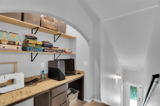1621 Whispering Trail Dr, Waxahachie, TX 75165 - office area featuring arched walkways, lofted ceiling, and light carpet
