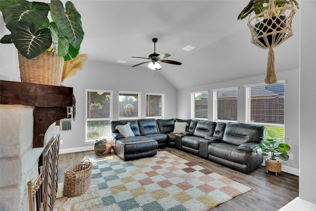 1621 Whispering Trail Dr, Waxahachie, TX 75165 - living room featuring a fireplace, baseboards, vaulted ceiling, and wood finished floors
