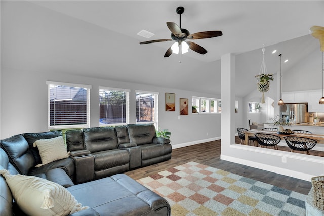 1621 Whispering Trail Dr, Waxahachie, TX 75165 - living area with a ceiling fan, wood finished floors, baseboards, and high vaulted ceiling