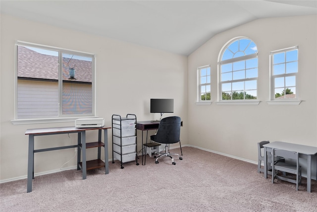 11212 Haviture Way, Waco, TX 76708 - home office with lofted ceiling, carpet, and baseboards