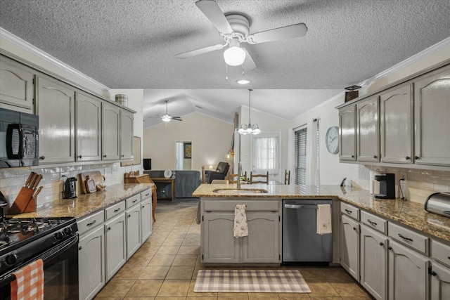 221 Country View Ln, Crandall, TX 75114 - kitchen with a sink, black appliances, a peninsula, ceiling fan, and ornamental molding